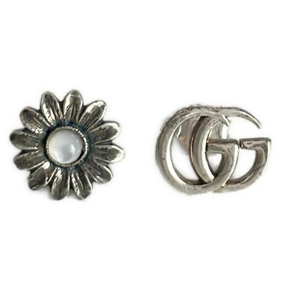 Auth GUCCI Double G flower stud earrings 527390 Silver Mother of Pearl Earrings - Picture 1 of 3